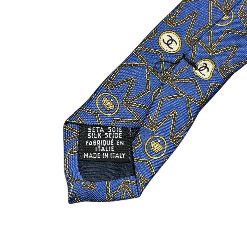 CHANEL Mens Navy Blue Silk Designer Neck Tie Adjustable Star Pattern Logo - Picture 12 of 13